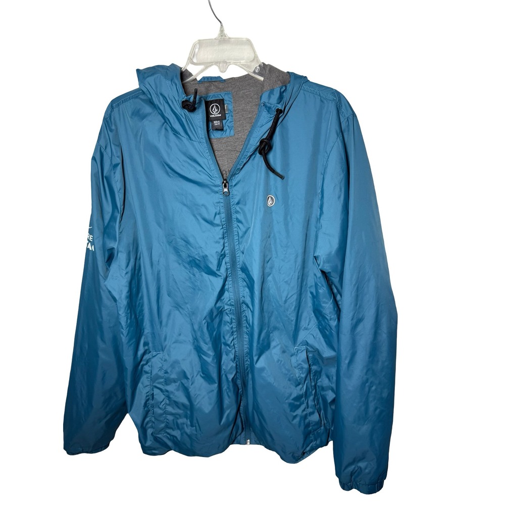Volcom‎ Ermont Windbreaker Jacket Mens XL Blue OpenStack Tech Graphic Hooded Zip
